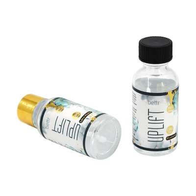 Botella redonda de vidrio Boston transparente hermética a prueba de fugas de 1oz 30ml con tapa de rosca negra para aceite esencial, medicina líquida, líquido