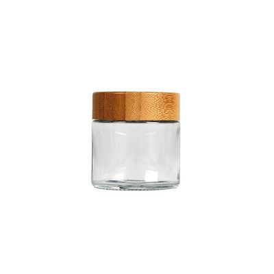 tarro de cristal claro de la mala hierba 3oz con la tapa de bambú tarro del vidrio de 3,5 gramos 8vo