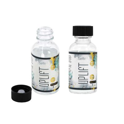 Botella redonda de vidrio Boston transparente hermética a prueba de fugas de 1oz 30ml con tapa de rosca negra para aceite esencial, medicina líquida, líquido